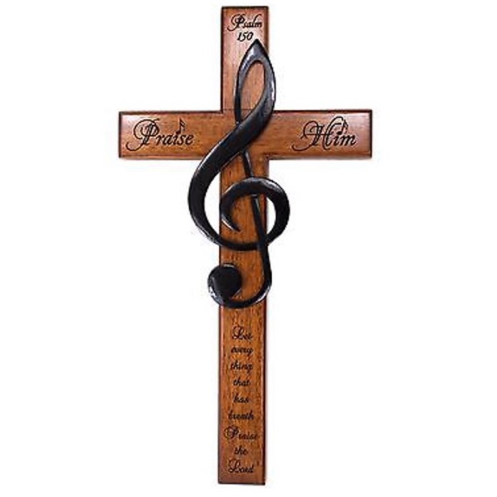 Solid Mahogany Wall Cross with Treble Clef - Psalm 150 “Praise Him”